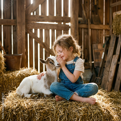 Childhood innocence Girl bonding with a baby goat on a hay bale in a rustic barn