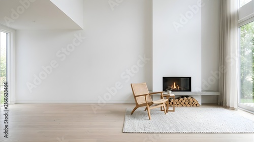 Minimalist living room with rattan chair and fireplace in daylight
