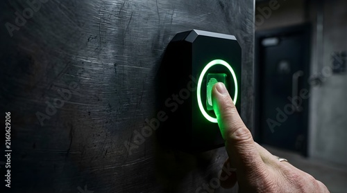 Person scanning fingerprint on electronic security reader for access