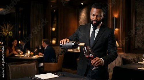 Professional waiter pouring red wine into a glass in a luxury restaurant