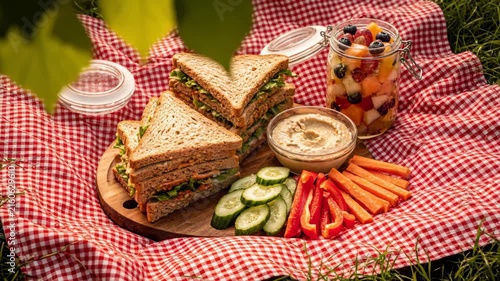 Cozy outdoor picnic with sandwiches, vegetables and fruit in jars