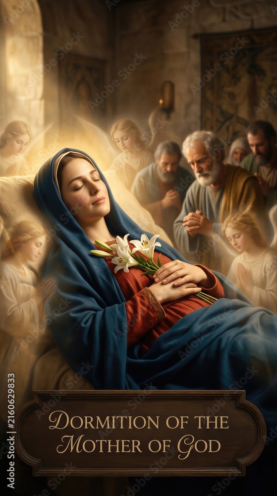 Fototapeta premium Sleeping virgin Mary surrounded by weeping apostles and celestial angels during the Dormition. Biblical scene representing the assumption of the mother of God. Christian religious illustration.