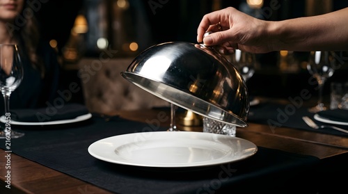 Waiter hand opening silver cloche over empty plate in fine dining restaurant