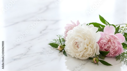 White and pink peony flowers arranged on a white marble surface