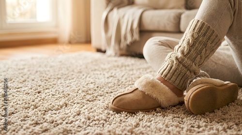 Woman Wearing Cozy Slippers and Knitted Leg Warmers Relaxing at Home