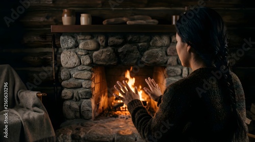 Woman warming hands by stone fireplace in cozy rustic wooden cabin home