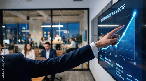 Businessman pointing at upward growth chart on digital screen during quarterly success meeting, corporate strategy presentation showing revenue increase and key metrics