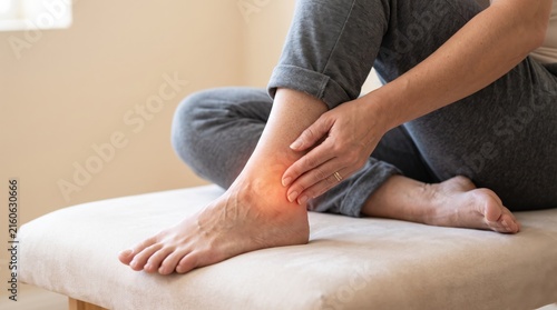 Woman sitting on sofa touching painful ankle, foot injury or sprain, medical healthcare theme, joint pain and arthritis symptom, person suffering from physical discomfort at home