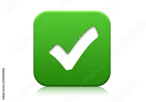 Green square button with a white check mark icon for user interface design isolated on white background