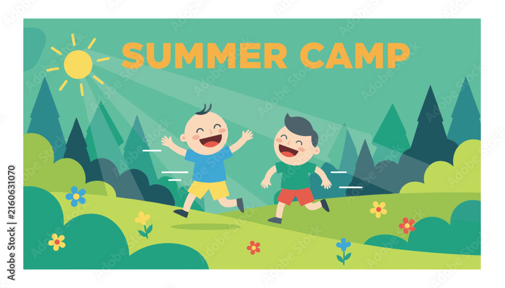 Naklejka premium Cheerful vector banner for a kids summer camp shows two boys running happily through green sunny fields.
