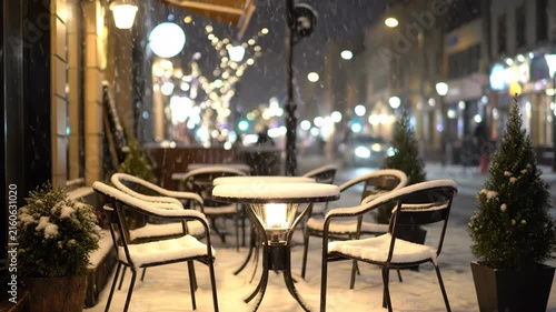 Cozy outdoor cafe patio with warm lights and festive winter decor