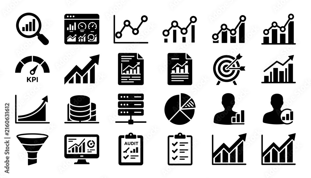 Fototapeta premium Data Icons Set with Kpi, Audit, Funnel, and Chart Illustrations. Business Analysis, Reporting