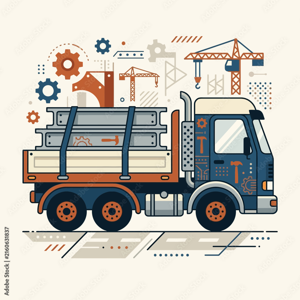 Fototapeta premium Industrial Flatbed Truck Transporting Construction Materials With Mechanical Elements
