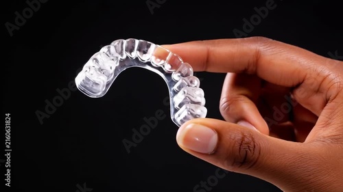 Extreme close-up of a black woman's hand holding a clear transparent dental splint. TMJ treatment concept