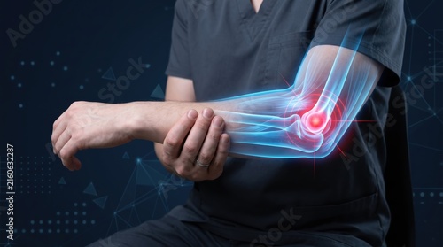 Male patient holding painful elbow with glowing medical anatomy x-ray scan, joint inflammation, orthopedic injury treatment, physiotherapy rehabilitation visualization
