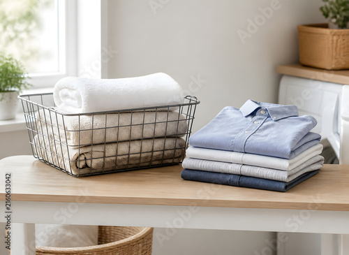 Laundry folding table with towels and shirts
