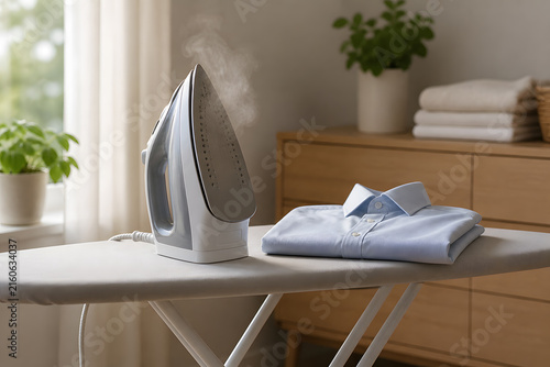 Ironing board with steam iron and shirt