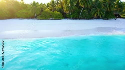 Stunning aerial view of a pristine white sand tropical beach with clear turquoise ocean water and lush palm trees under bright sunlight.