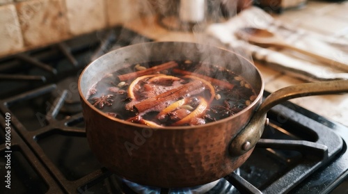 Close Up Copper Pot Mulled Wine Steaming Stovetop Cinnamon Sticks Orange Peel Floating Surface

