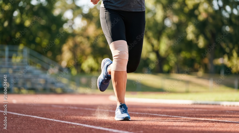 Obraz premium Runner with knee bandage jogging on track, athletic activity, sports injury prevention, rehabilitation exercise, outdoor fitness, active lifestyle, motion blur, healthy living