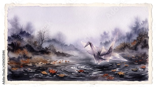 Japanese Watercolor Painting of Glowing Origami Paper Crane Gliding Over Misty River