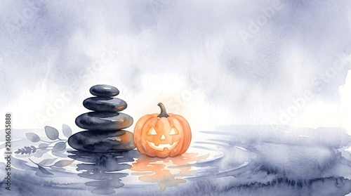 Watercolor Illustration of Zen Balancing Stones Beside Glowing Jack-o'-Lantern on Water