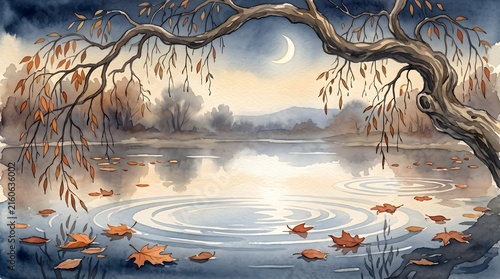 Japanese Watercolor Painting of Weeping Willow Framing Autumn Lake Under Crescent Moon