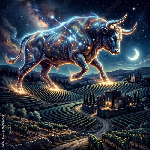 Cosmic Taurus Bull Constellation Over Vineyard Landscape