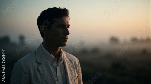 A pensive man in a light linen blazer stands in a misty field during a golden hour sunset.