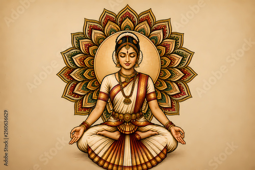 Indian Classical Bharatanatyam Dancer Meditating in Lotus Pose with Ornamental Mandala
