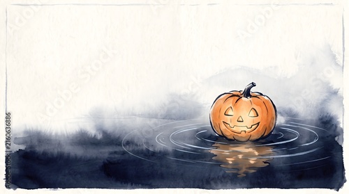 Minimalist Japanese Watercolor Illustration of Glowing Jack-o-Lantern Floating on Water