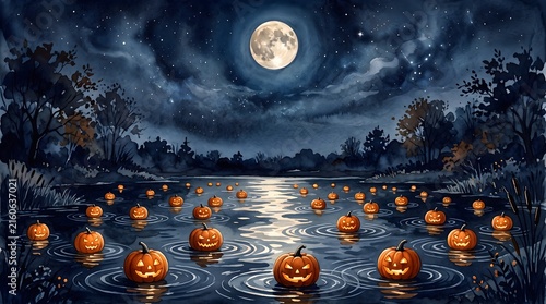 Watercolor Illustration of Glowing Halloween Jack-o-Lantern Pumpkins Floating on Moonlit Pond