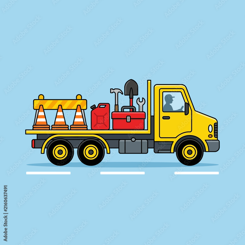 Naklejka premium Illustration Of A Service Truck Loaded With Road Work Equipment And Tools