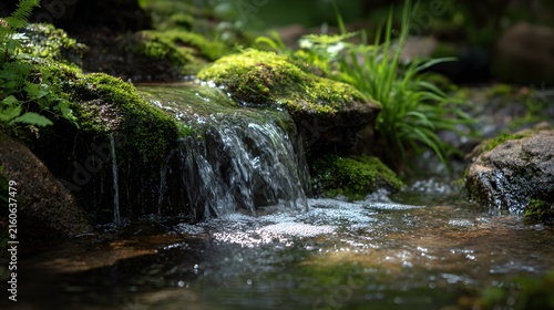 Small mossy waterfall stream in lush green forest 