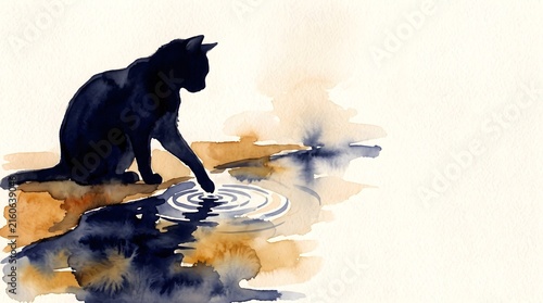 Japanese Watercolor Painting of Black Cat Silhouette Dipping Paw in Water Puddle