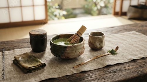 Japanese matcha tea ceremony set on wooden table