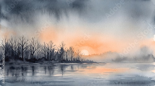 Minimalist Watercolor Landscape of Morning Sunrise Over Misty Lake and Forest