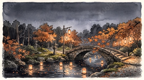 Watercolor Painting of Japanese Zen Stone Bridge Over Stream with Floating Lanterns