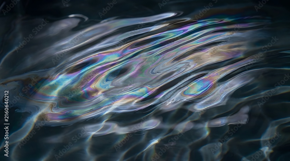 Fototapeta premium Iridescent oil spill creates swirling rainbow patterns across dark rippling water surface captured in high resolution close up macro photography