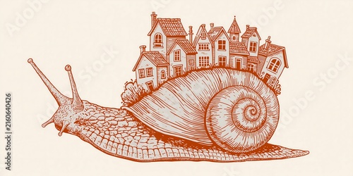 Vintage snail carrying village houses, retro engraved animals art, cute bug with buildings, whimsical illustration for nursery decor