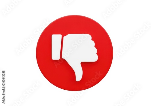 Red round icon with a white thumbs down hand gesture symbol for bad feedback isolated on white background