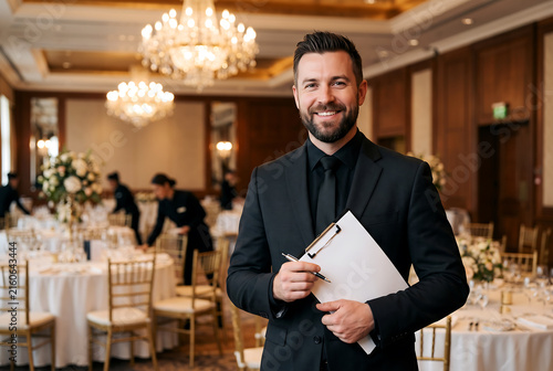 Professional event planner holding a clipboard in a luxury hotel ballroom venue.