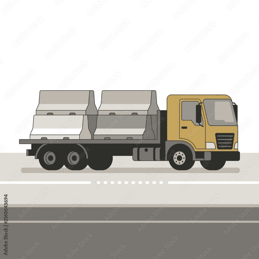 Obraz premium Heavy Duty Truck Transporting Concrete Barriers For Road Construction Safety And Traffic