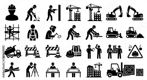 Construction Workers and Worksite Safety Black Silhouette Icons .Generative AI