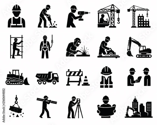 Construction Workers and Worksite Safety Black Silhouette Icons .Generative AI