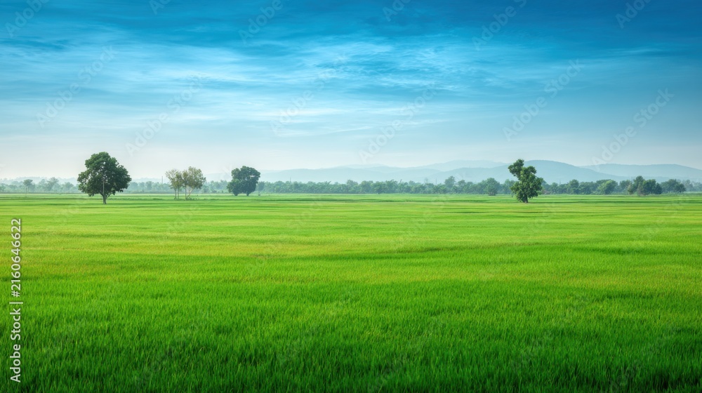 Obraz premium Vibrant green paddy field under a clear blue sky with scattered clouds