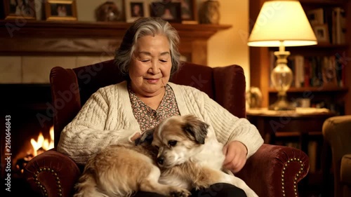 Elderly woman cuddling a small dog by a warm fireplace