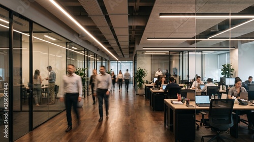 Professional office hallway with motion blurred staff members walking and employees working at desks behind glass office partitions in modern corporate business workspace