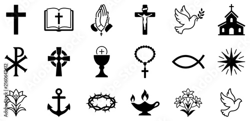 Bild auf Leinwand Collection of christian symbols including a cross dove church and religious icon