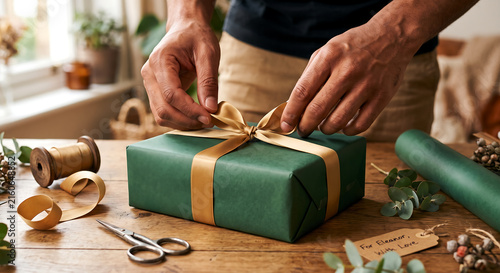 Person wrapping a gift box with green paper and gold ribbon on a wooden table